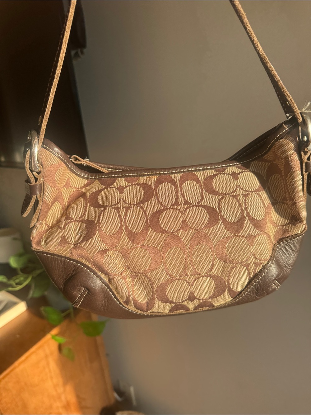 Coach Brown Soho Signature Canvas Shoulder Bag with Dark Leather Trim